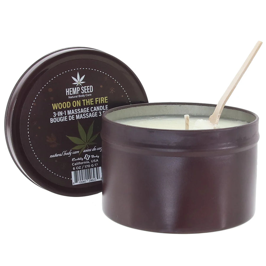 3 in 1 Hemp Seed Round Tin Massage Candle Wood On The Fire 6oz.