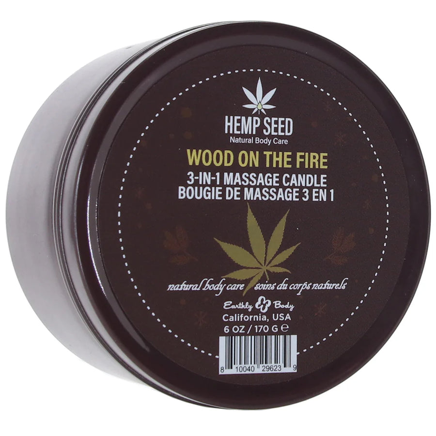 3 in 1 Hemp Seed Round Tin Massage Candle Wood On The Fire 6oz.