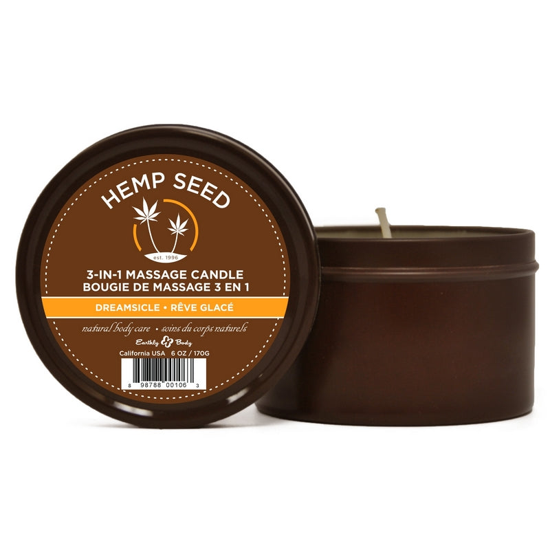3 in 1 Hemp Seed Round Tin Massage Candle Dreamsicle 6 oz.