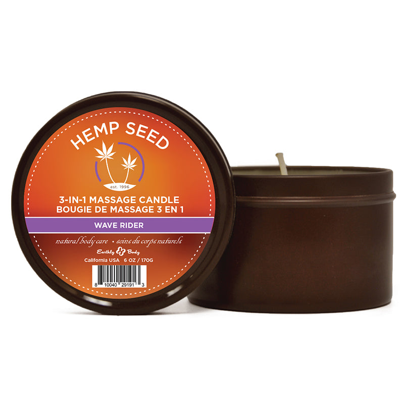 3 in 1 Hemp Seed Round Tin Massage Candle Wave Rider 6 oz.