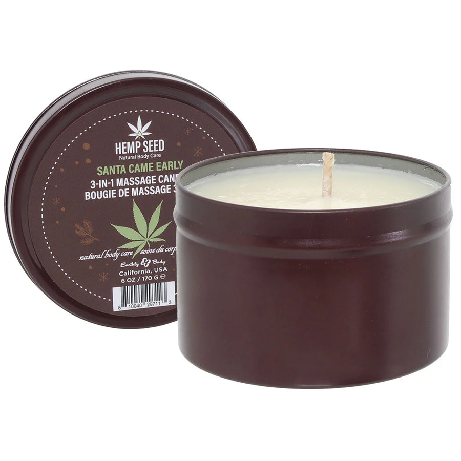 3 in 1 Hemp Seed Round Tin Massage Candle Santa Came Early 6 oz.